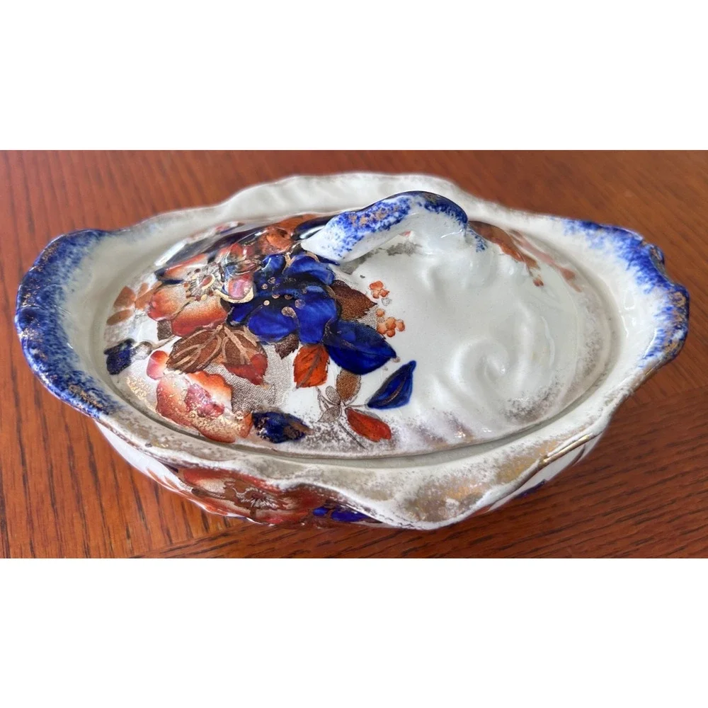 Antique 3 Piece Ridgways Pottery Soap Dish & Toothbrush Holder in Imari Pattern